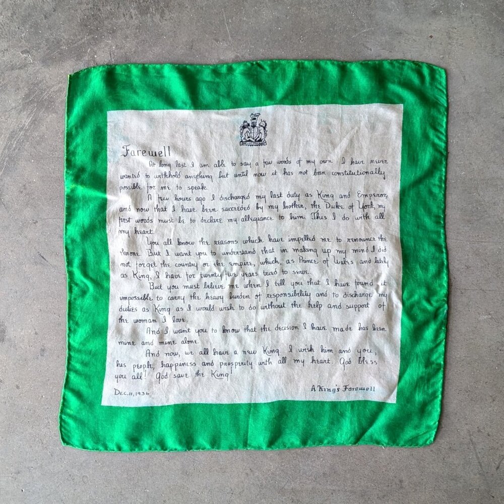 Vintage A King's Farewell Silk Scarf Handkerchief 1936 King Edward VIII Britain